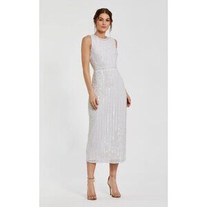 Mac Duggal White Floral Beaded Sheath Sleeveless Wedding Sequin Midi Dress 0 XS